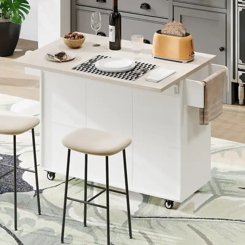 51 in. W Rolling Kitchen Island Cart with Drop Leaf and Tilt-out Trash Can