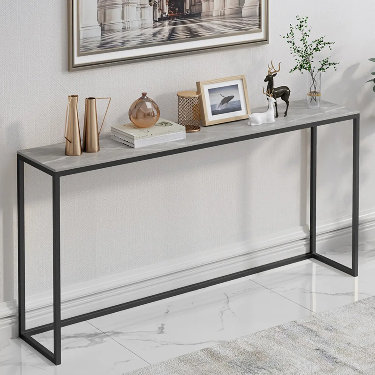 Minimalist Black Metal Bar Tables with Stone Top