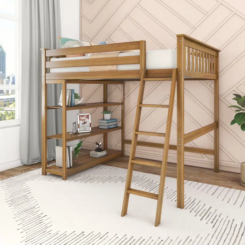 Full Size High Loft Bed with Bookcase and Ladder