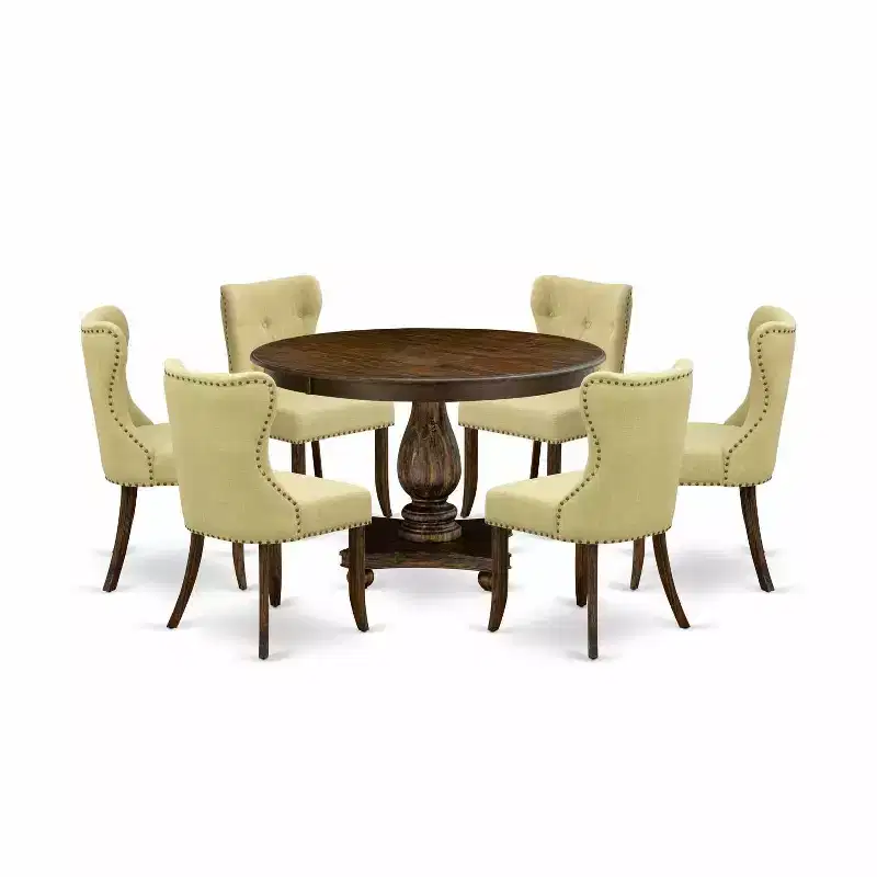 HomeStock 7-Piece Round Distressed Jacobean Finish Solid Wood Top Dining Table with 6 Parson Chairs