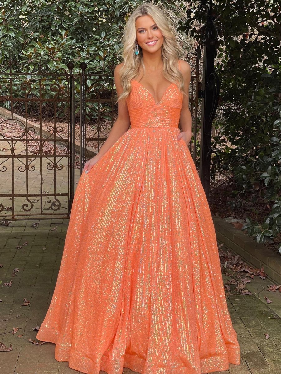 A-line V Neck Sequins Long Prom Dress