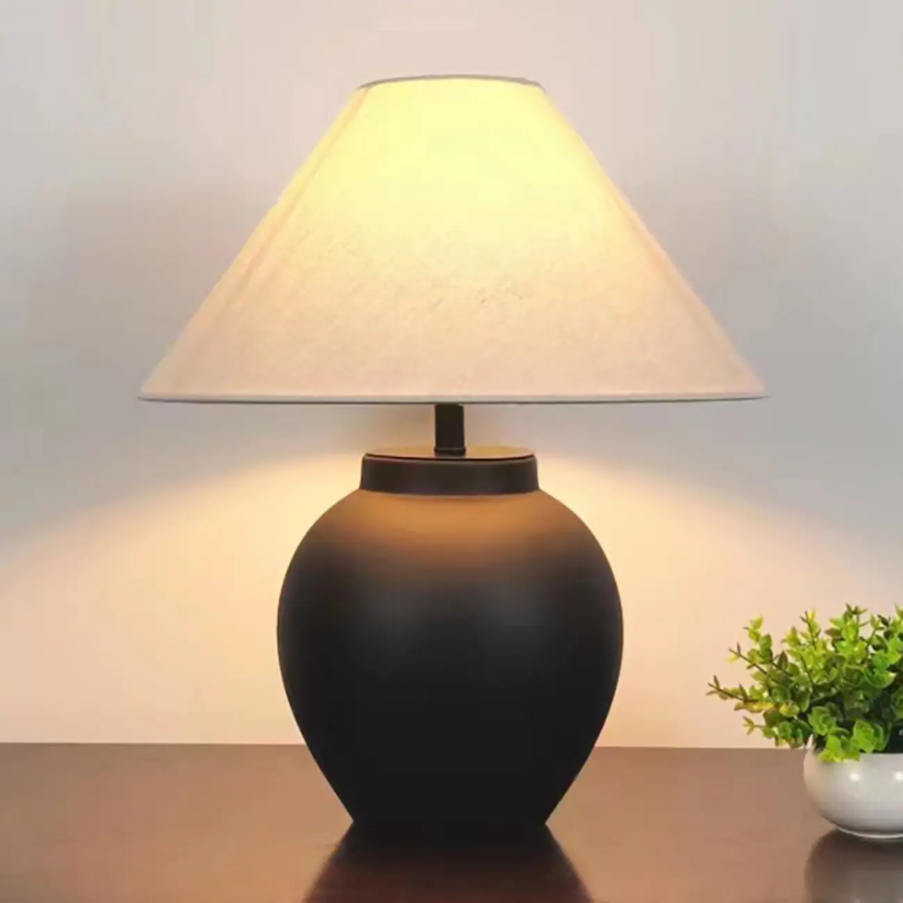 Simple Modern Ceramic Yellow LED Table Lamp in Fabric Shade