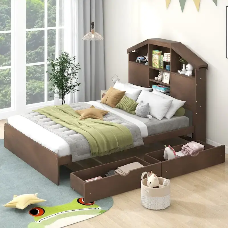 Wood Platform Bed with House-Shaped Storage Headboard and 2 Drawers