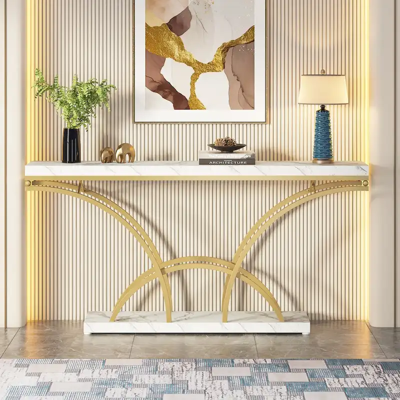 70.9 Faux Marble Console Sofa Table with Half-Moon Shaped Metal Legs for Entryway, Accent Tables for Living Room