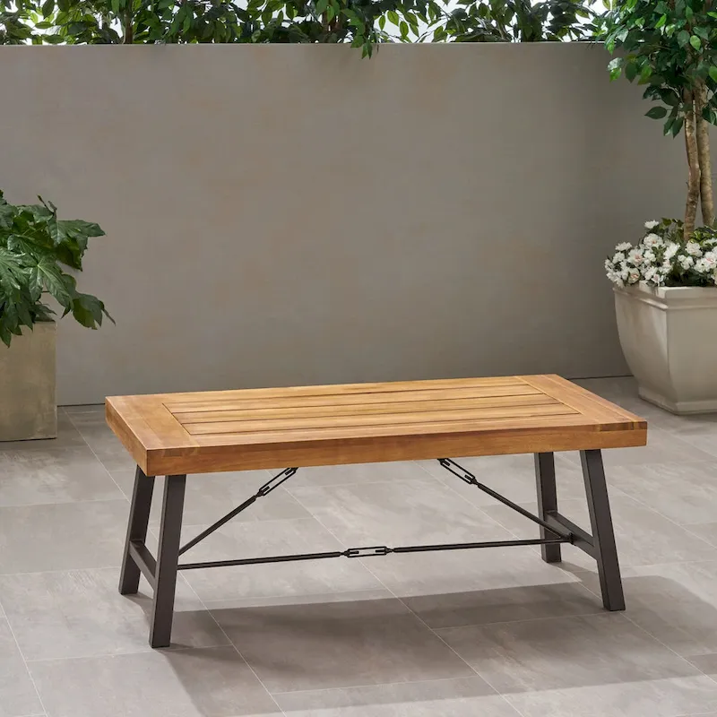 Outdoor Acacia Wood Coffee Table, Teak Finish / Rustic Metal Brown and Black, 27.25D x 45.75W x 18H