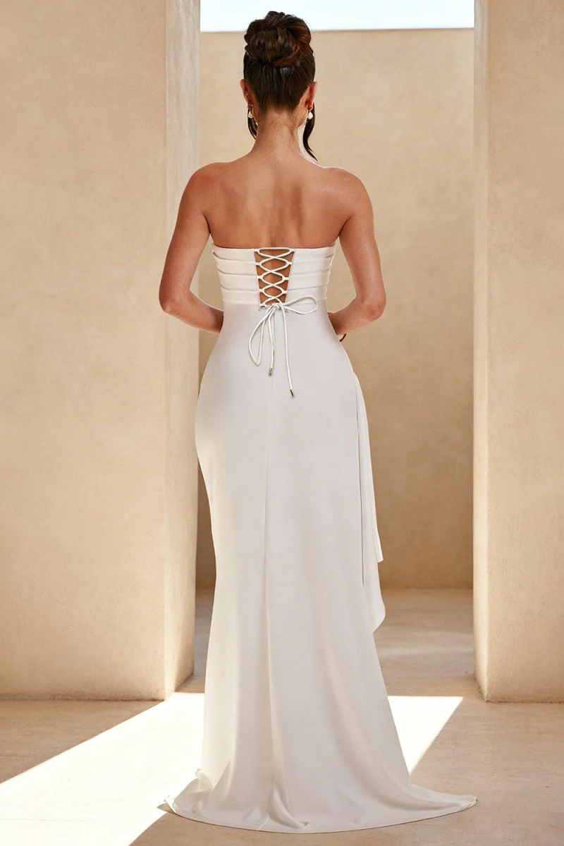 White - Mermaid Strapless Satin Pleated Long Prom Dress with Slit