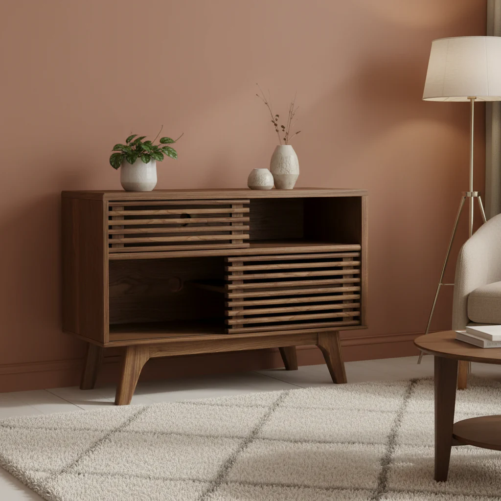 Walnut Mid-Century Display Stand with Sliding Doors, Single