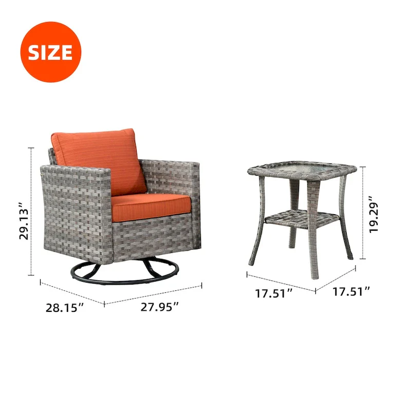 OVIOS Patio Wicker Swivel Rocking Chair 3-piece Set with Side Table