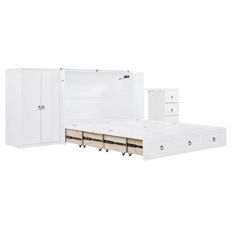 White Queen Murphy Bed with Wardrobe, Desk, 3 Drawers & USB Charging Port
