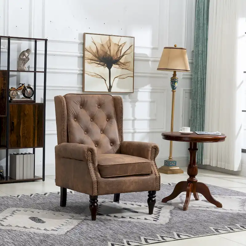 Mid-Century Velvet/Leather Upholstered Tufted Wood Frame Armchair