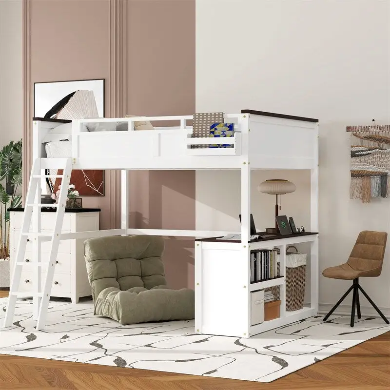 White Queen Loft Bed with Desk & Storage Shelves, 1-Person
