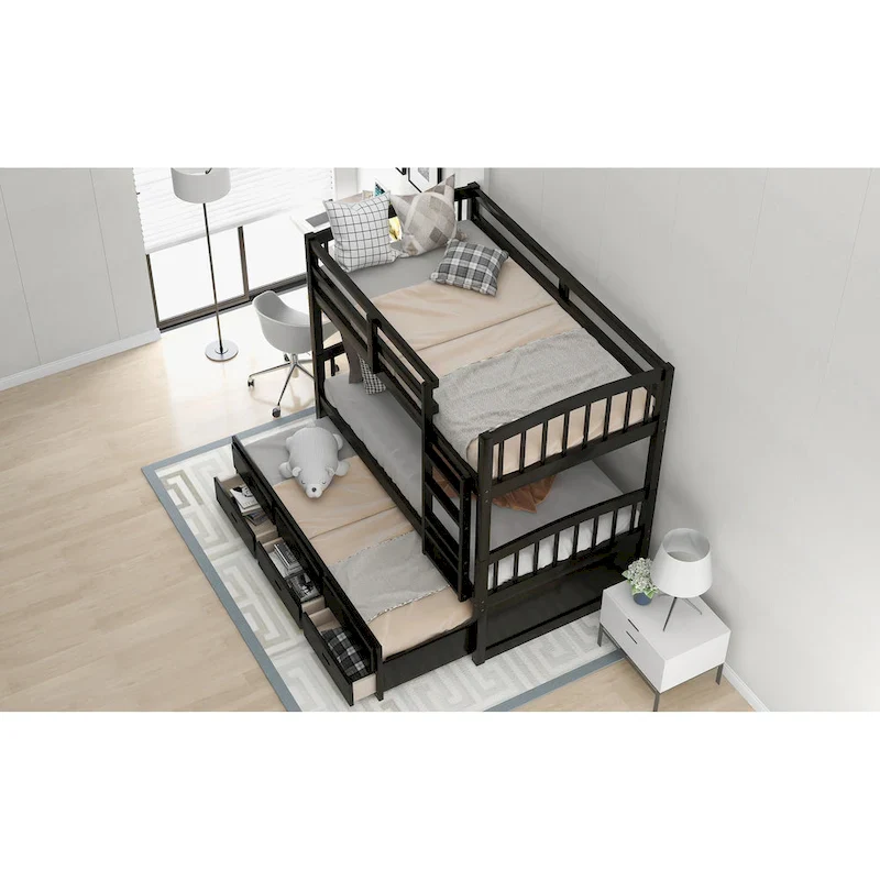 Wood Bunk Bed with Trundle and Drawers