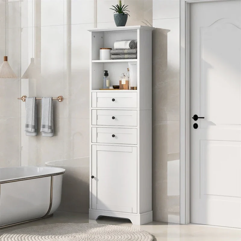 White & Grey Tall Storage Cabinet, 3 Drawers & Adjustable Shelves, 1-Person