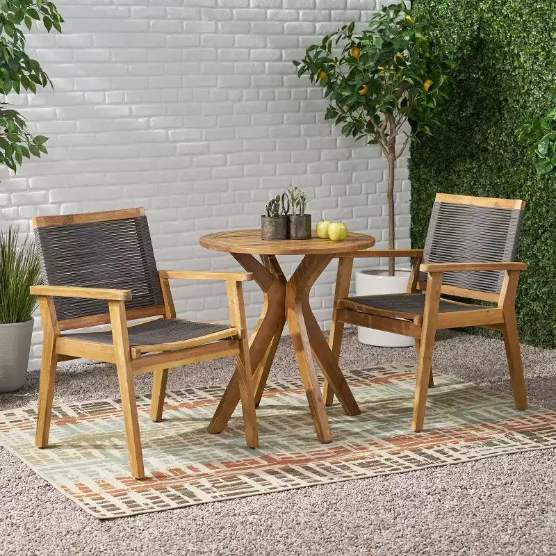 GDFStudio Specter Outdoor Acacia Wood and Rope 3 Piece Bistro Set