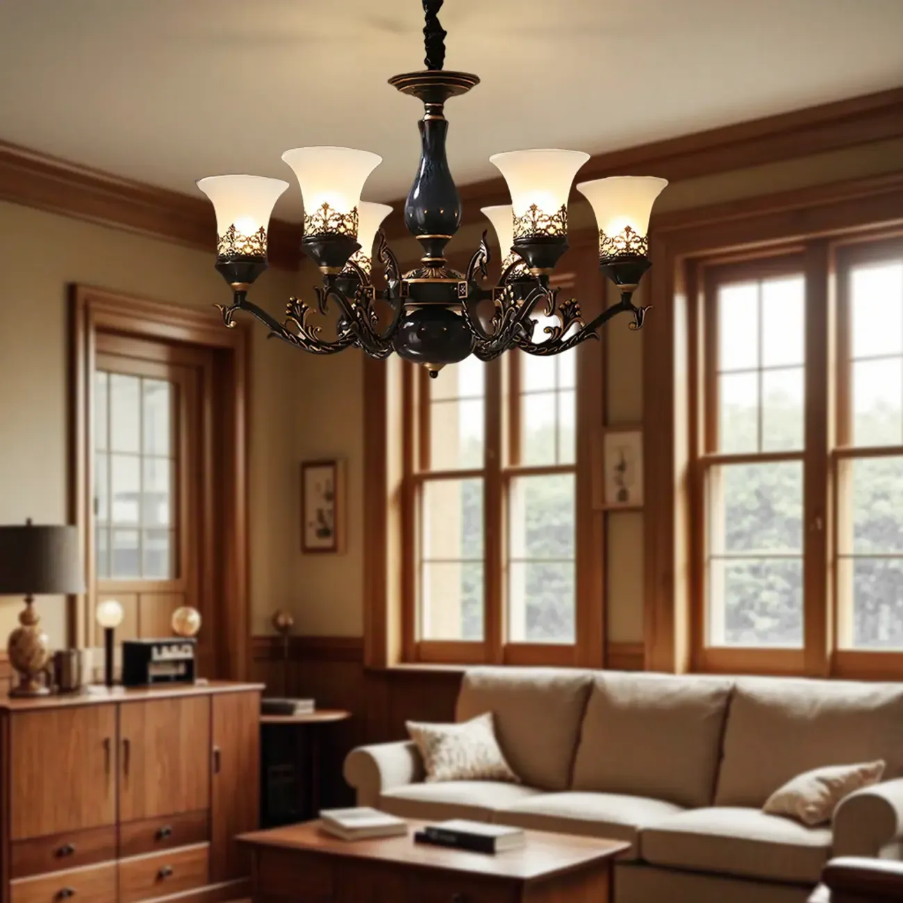 Mid-Century Living Room Black Frosted Wite Glass Bell Shape Chandelier