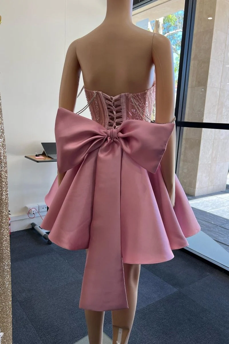 A-Line Pink Lace Off-the-Shoulder Bow-Back Short Homecoming Dress