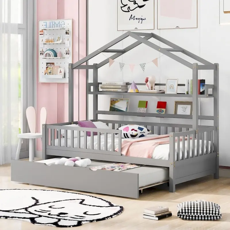 White/Grey, Twin+Full, House-Style Kids Bed with Trundle – 2-Person