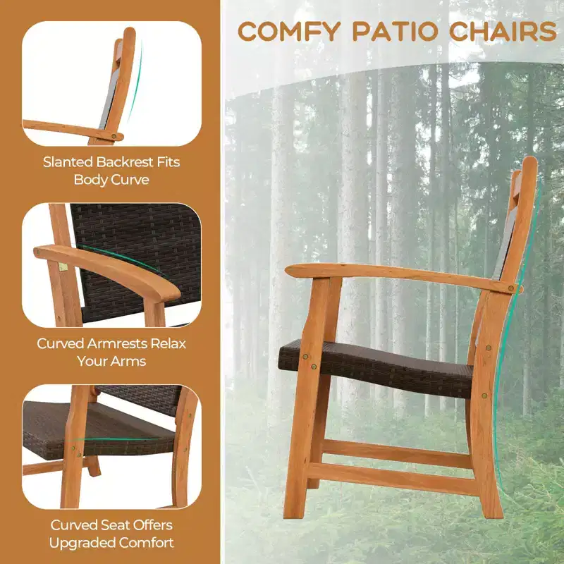 Costway 3PCS Patio Rattan Bistro Set Acacia Wood Frame Armrest Chairs Garden