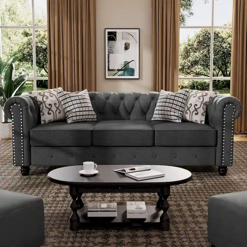 Linen Chesterfield Sofa with Button Tufted, Nailhead and Solid Wood Legs