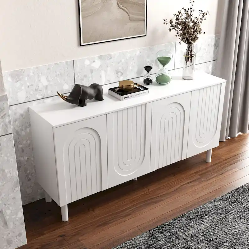 White Sideboard Credenza with Pop-Up Doors & Drawer
