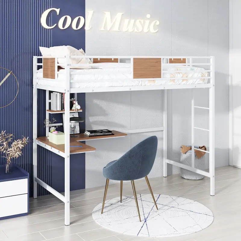 Twin Metal Loft Bed with Desk and Shelve