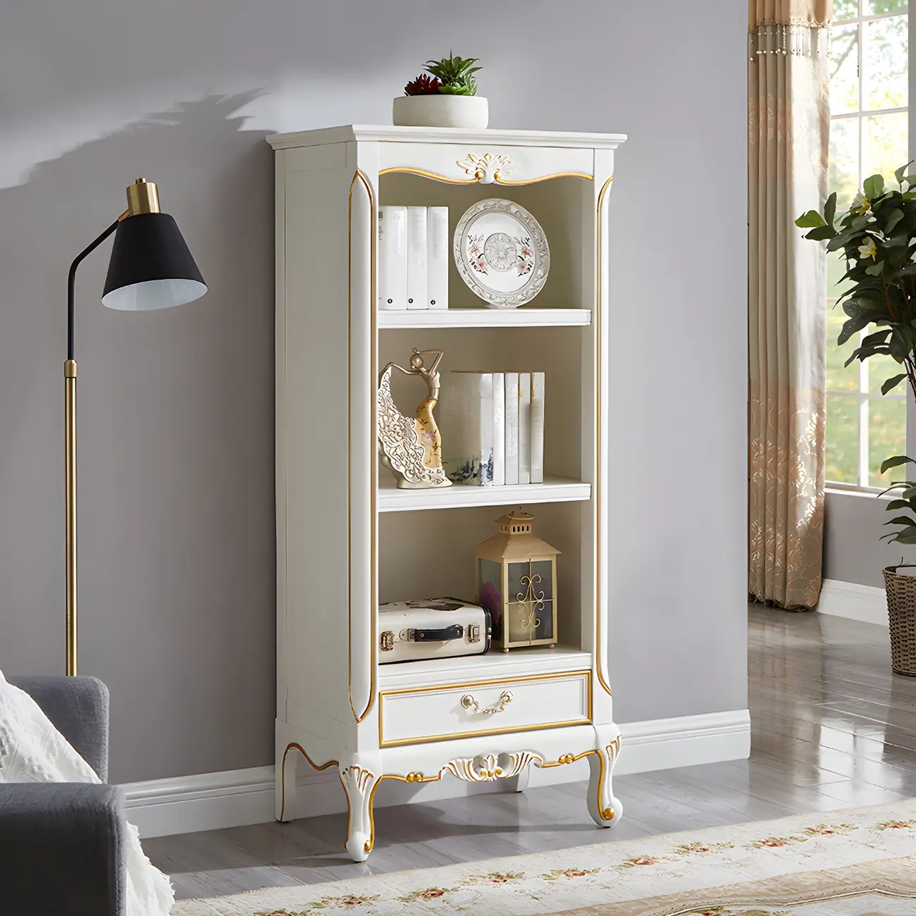 Classic Brown/White Wooden Bookcase with Drawer