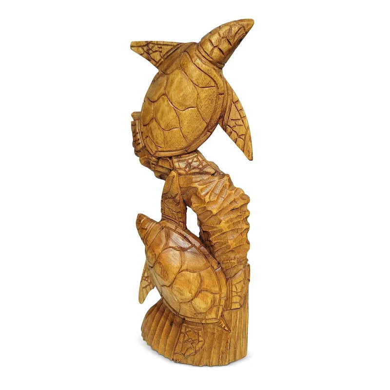 Wooden Hand Carved Two Tortoise Turtle on Coral Statue Sculpture Wood Home Decor Figurine Handcrafted Handmade Seaside