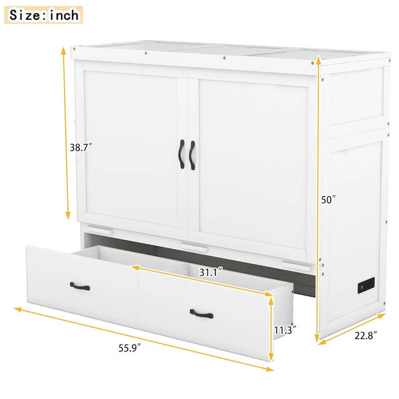 Full Pine Murphy Bed with USB & Drawer