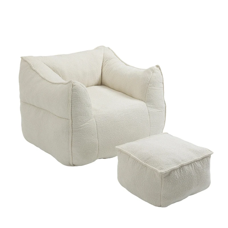 Boucle Upholstered Deep Seat Armless Square Bean Bag Chair with Ottoman