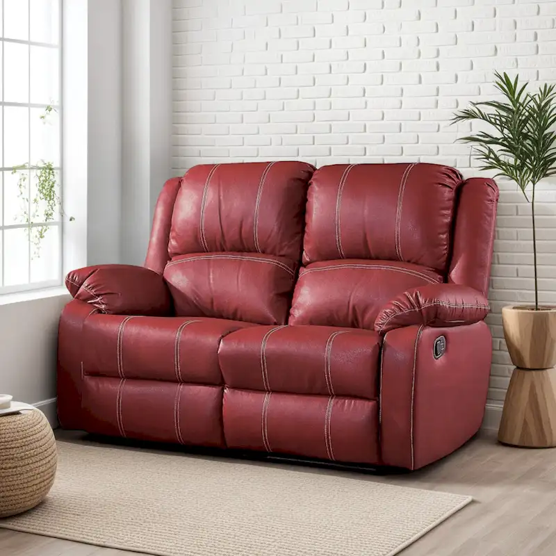 Zuru Motion Manual Recliner Loveseat, Pillow Top, Red Faux Leather