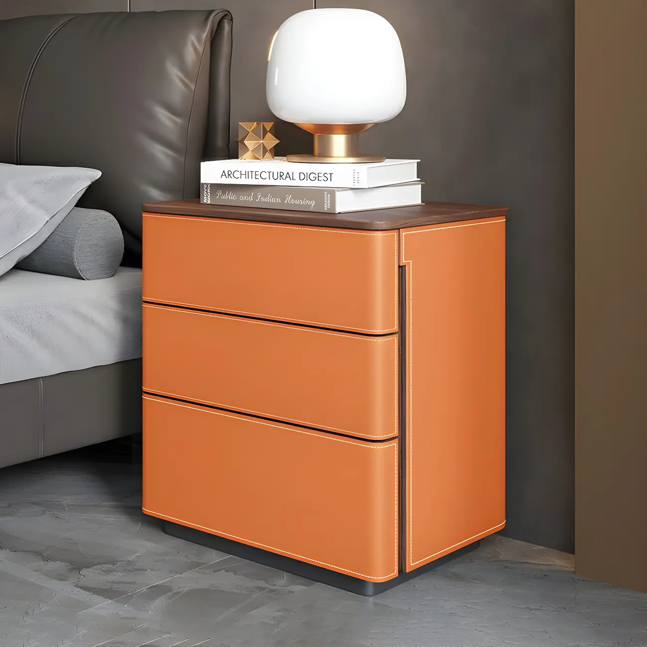 Modern Faux Leather Wood Top Drawers Nightstand