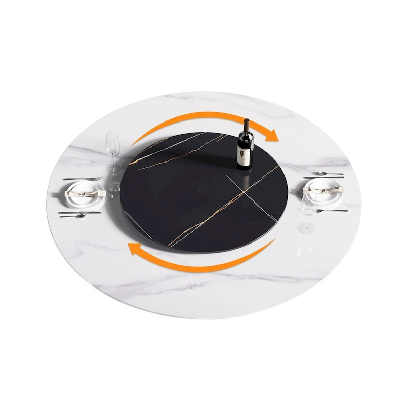 59 White Round Dining Table with Lazy Susan, Sintered Stone Tabletop - N/A