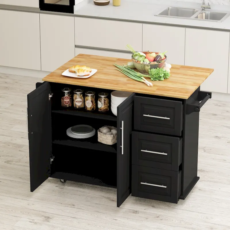 Black/White Rolling Kitchen Island Cart, 3 Drawers & 2-Door Cabinet