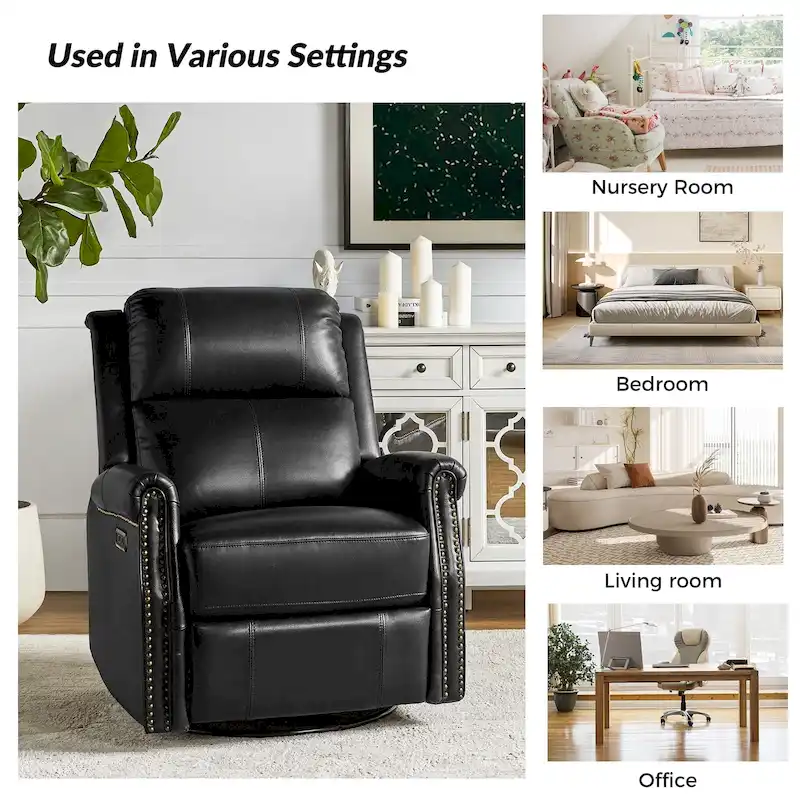 Renato Traditional Genuine Leather Nailhead Power Swivel Recliner Chair with Metal Base Set of 2 by HULALA HOME