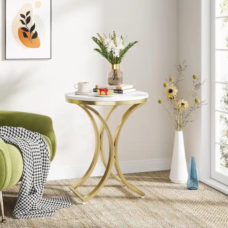 White Gold Side Table Round End Table Modern Small Coffee Table Accent C Table