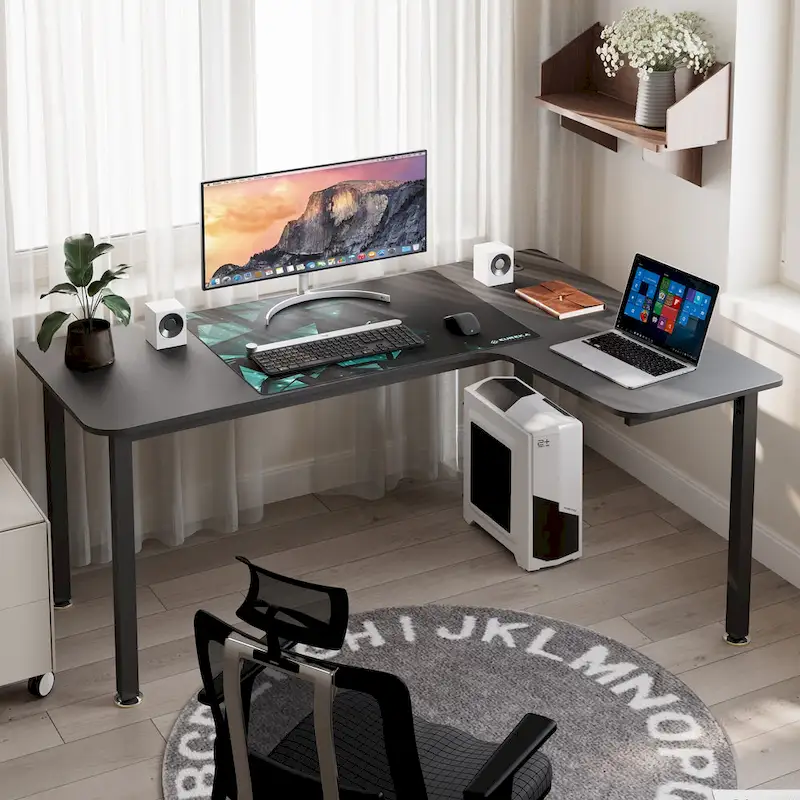 Black L-Shaped Corner Desk with Mouse Pad, Single Person