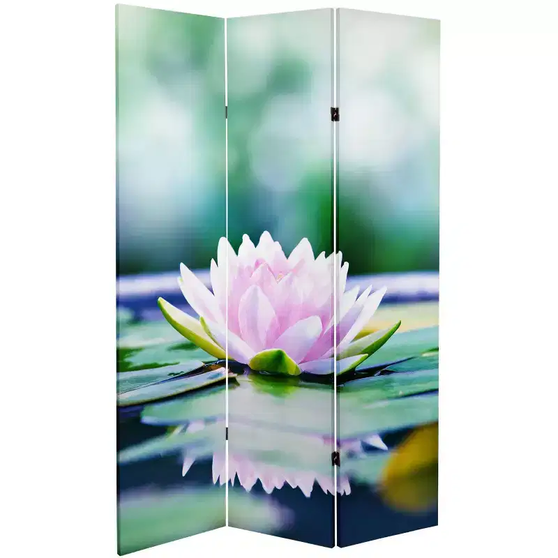 6" Double Sided Lotus Blossom Canvas Room Divider Green - Oriental Furniture: Adjustable 3-Panel Privacy Screen, Spruce Wood Frame