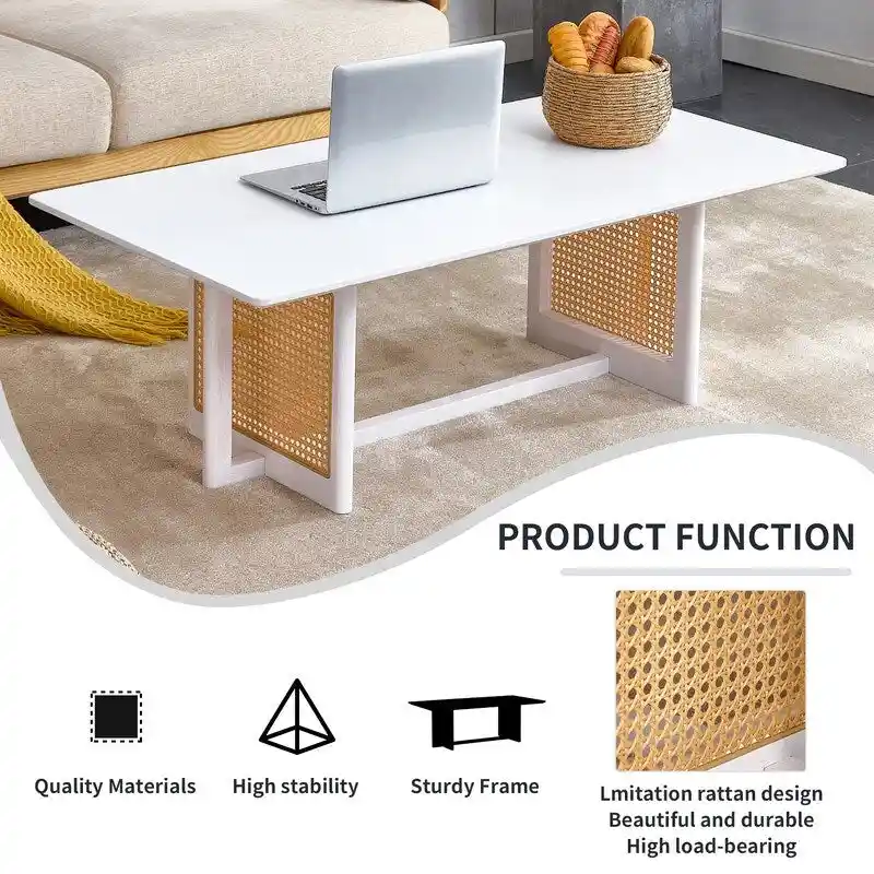 Low Coffee Table with Wood Frame and Rattan-Style Surface