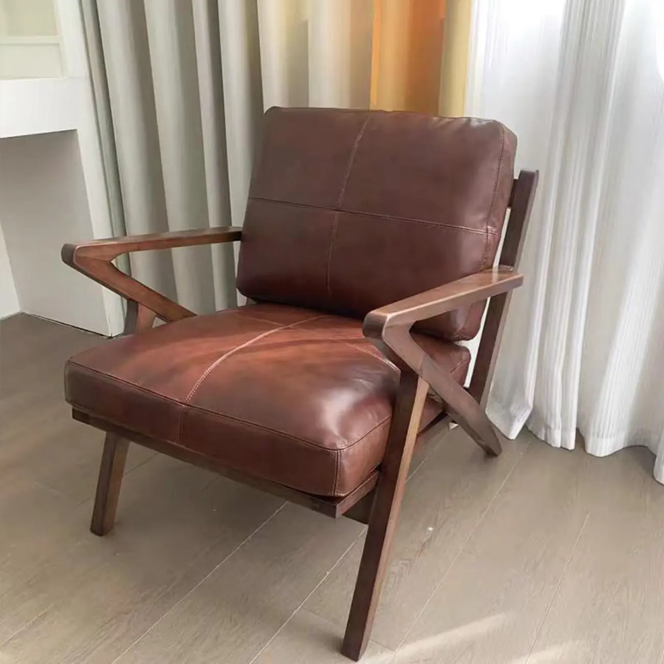 Mid-Century Modern Top Grain Leather Arm Chair Wood Frame