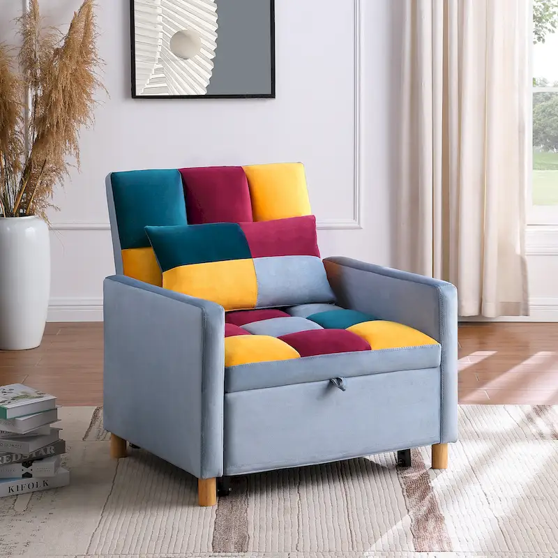 3-in-1 Convertible Sleeper Chair, Adjustable Recliner, Single – Rainbow / Beige / Gray / Black