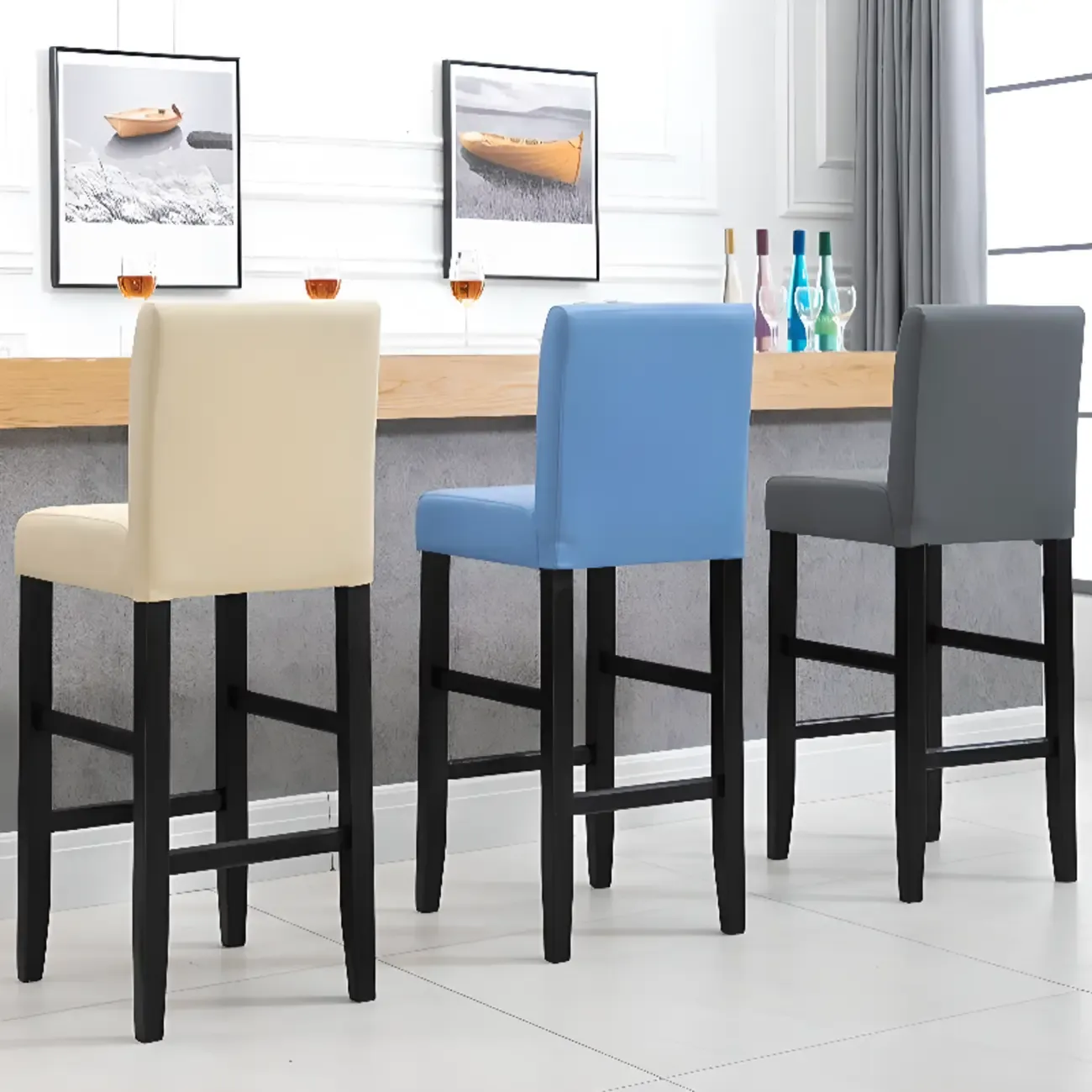 Traditional Wood Leather Upholstered Bar Height Stool