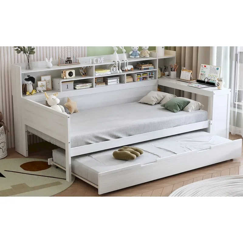 Twin Daybed with Shelves, Trundle & Desk