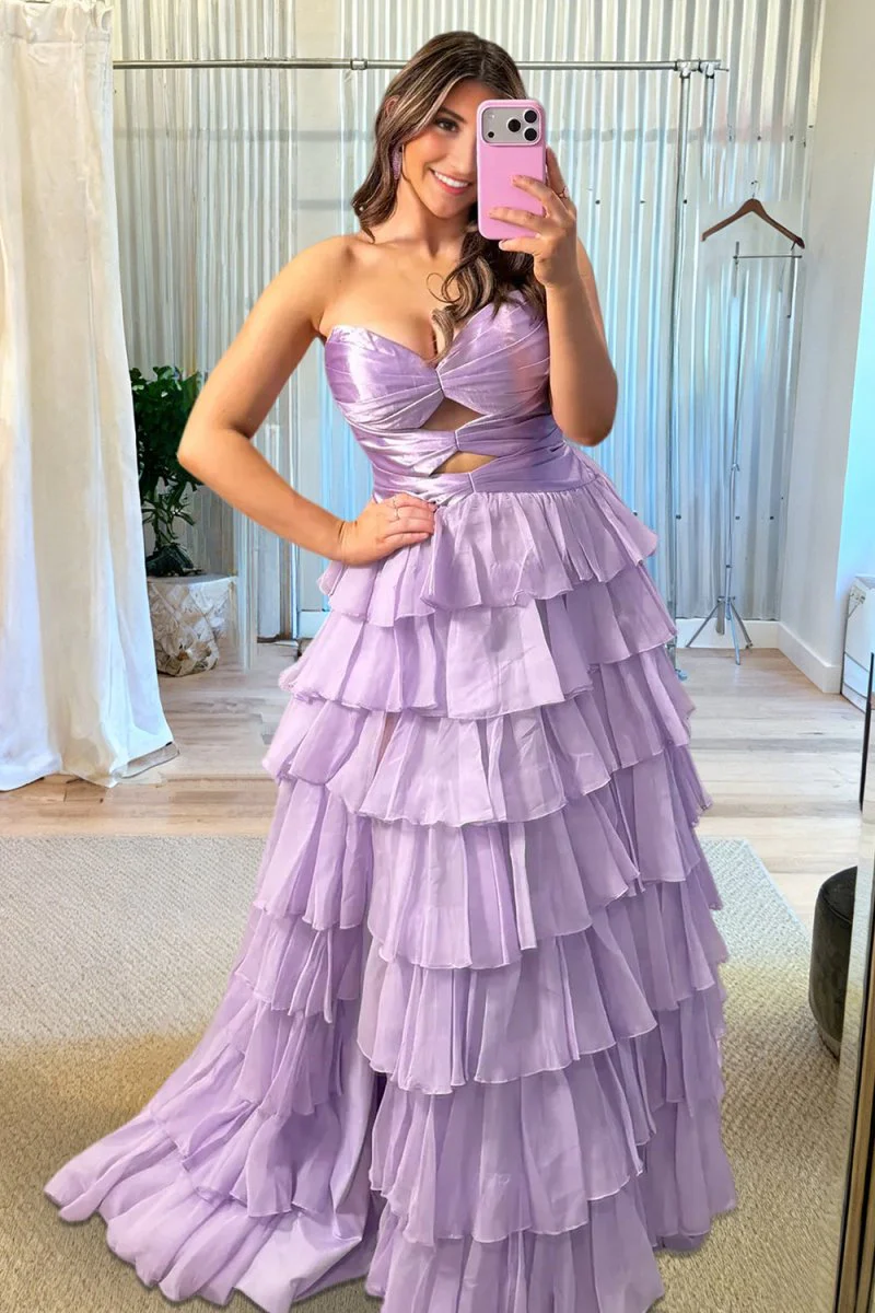 Fuchsia Strapless A Line Chiffon Ruffled Prom Dresses With Cutout
