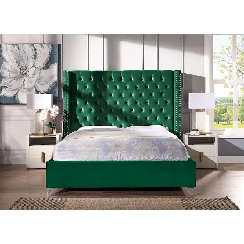 King Velvet Upholstered Bed with Deep Button Tufting