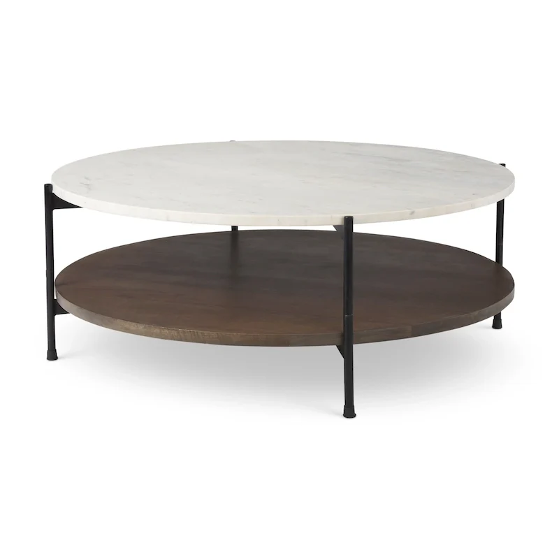 White Marble Top & Wood Shelf Round Coffee Table, 2-Tier