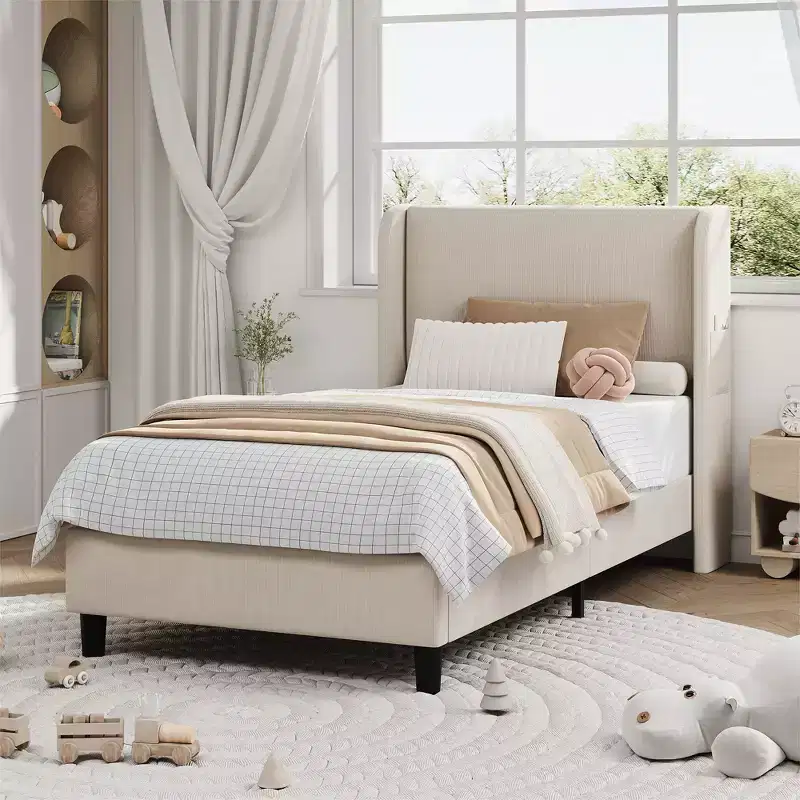 Upholstered Queen Bed Frame with Headboad, Comfy Vertical Velvet Platform Bed, Sturdy Wooden Slat Support, No Box Spring Needed, Easy to Assemble