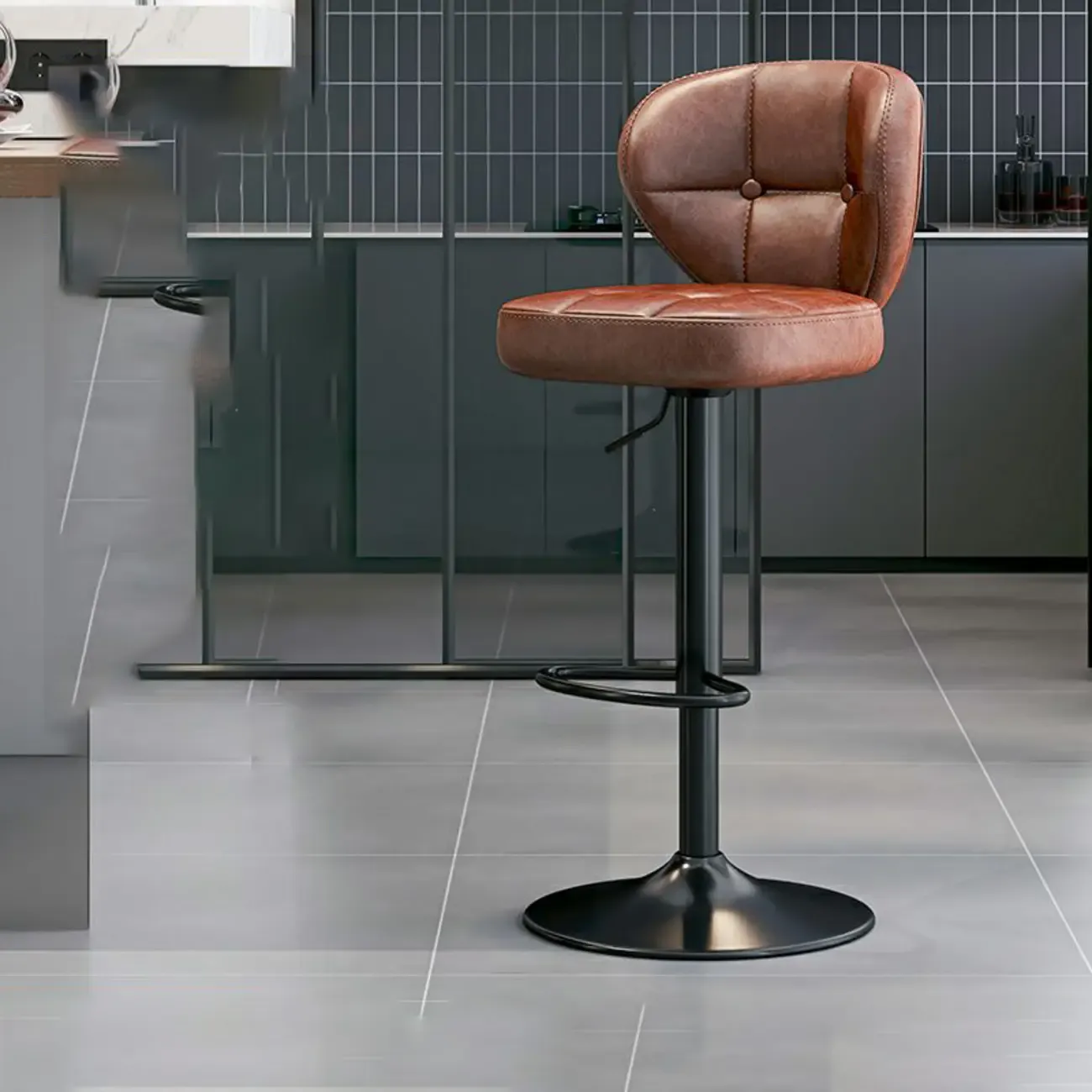 Modern Square Tufted Faux Leather Adjustable Swivel Bar Stools