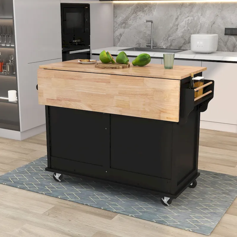 Kitchen Cart with Rubber wood Drop-Leaf Countertop, Concealed sliding barn door adjustable height