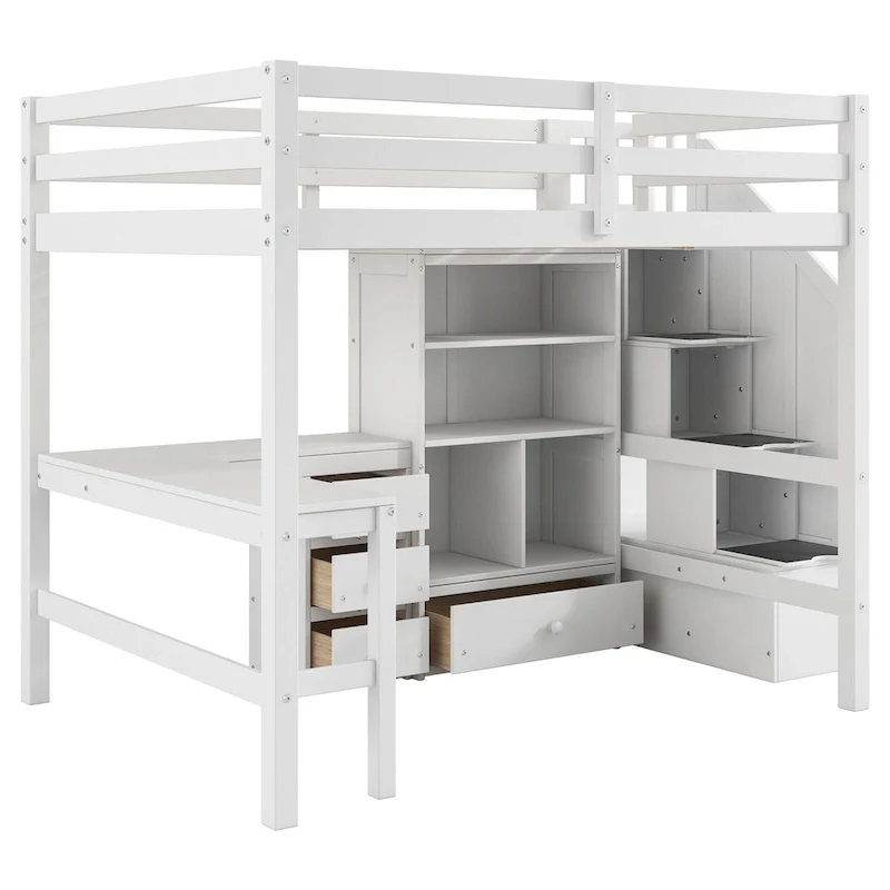 Full Size Loft Bed with L-Shaped Desk and Drawers, Cabinet and Storage Staircase, Gray
