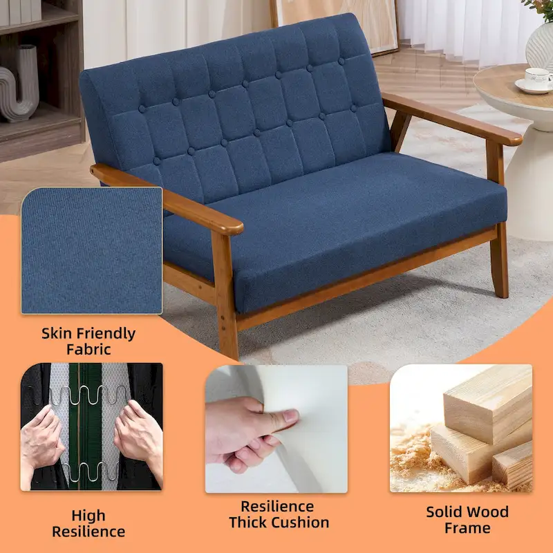 HOMEFUN Mid-Century Linen/PU Upholstered Wood Frame Tufted Loveseat Sofa